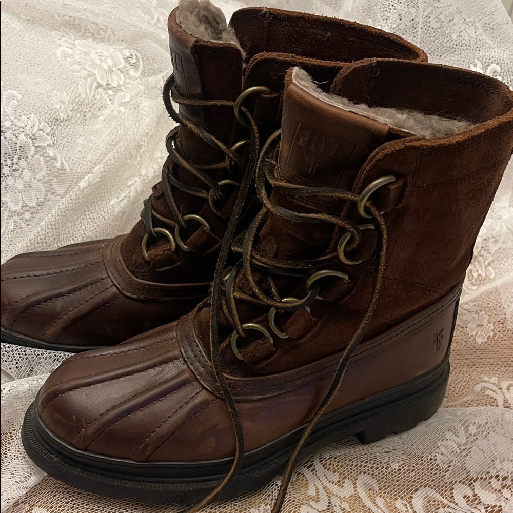 Frye D-Ring Shearling Lined Brown Leather Duck Lace-Up Boots